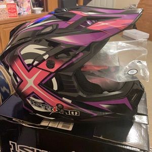 Dirt bike helmet, gloves, and goggles